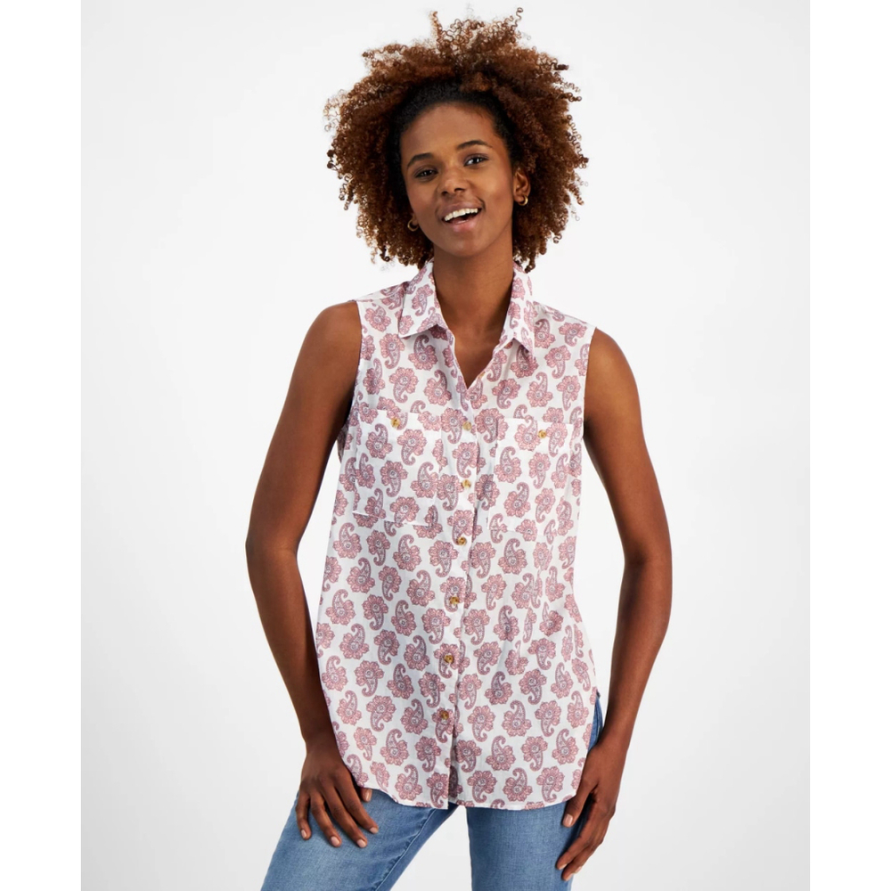 Nautica Jeans Size XL Sleeveless Button Down Paisley Shirt White & Pink NWT